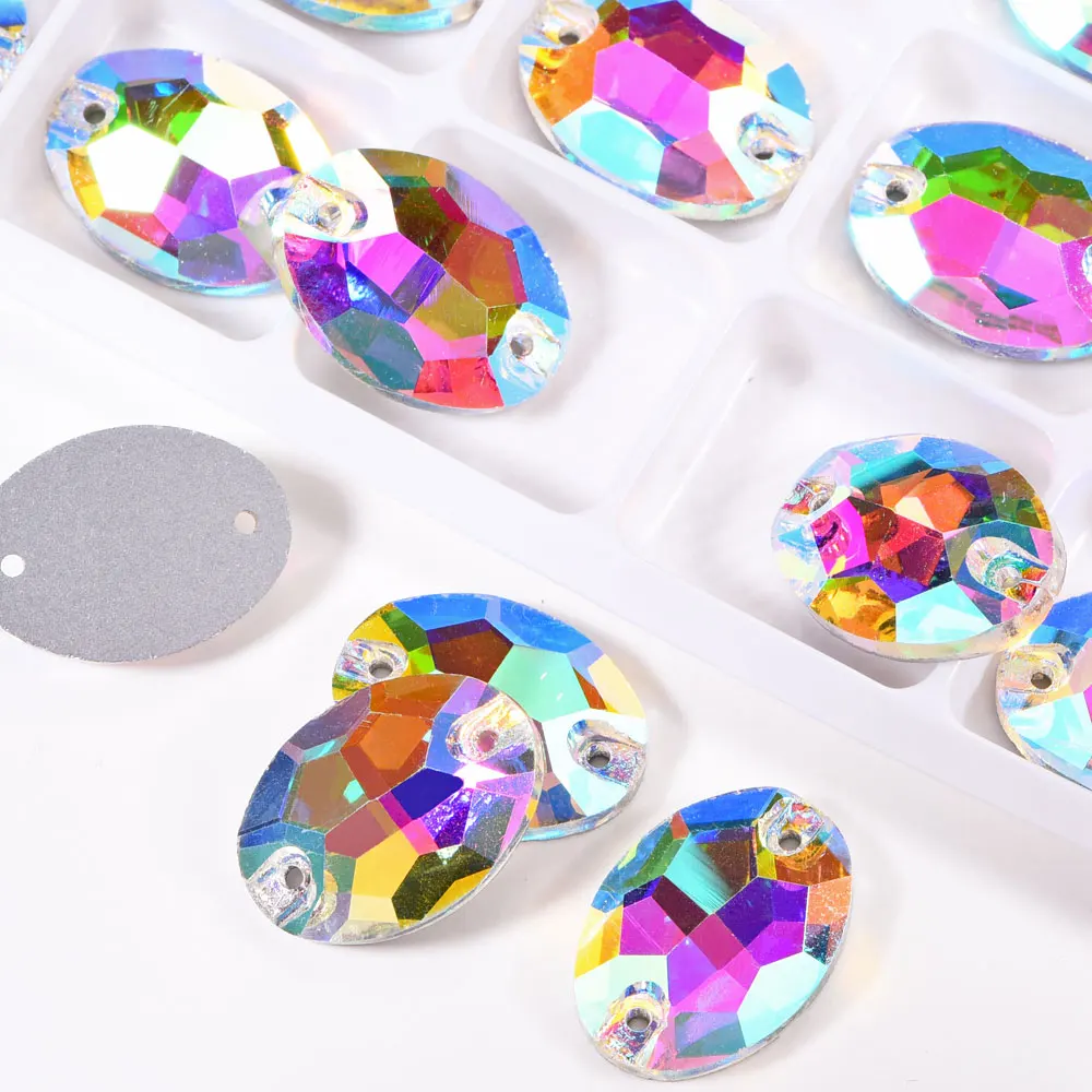 Овальные стеклянные стразы с кристаллами пришивные плоским основанием