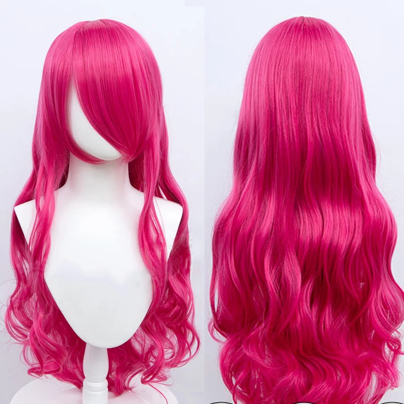 DIFEI Synthetic Long Natural Wavy Rose Red Wigs with Bangs Cosplay Party Lolita Heat Resistant Wigs for Women