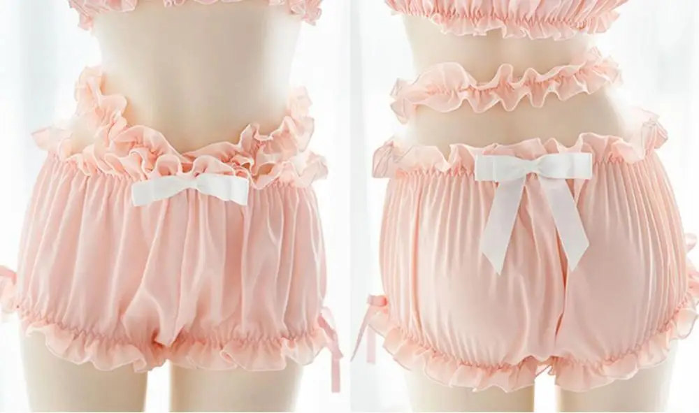 

Sexy Women's Lingerie Set Lolita Bow Ruffles Camisoles & Shorts Chiffon Underwear Set Sukumizu Japanese Cute Two-piece Suit