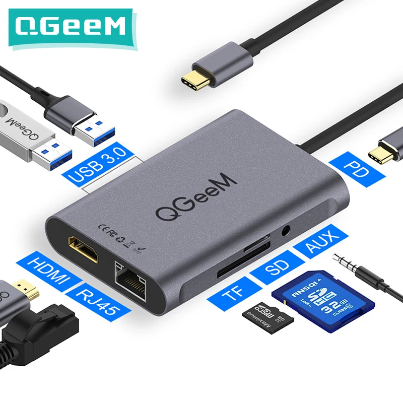 

QGeeM 8 In 1 USB C Hub for Macbook Pro USB Hub 3.0 Adapter PD HDMI RJ45 TF SD 3.5mm Aux Type C Hub for iPad Pro Splitter Dock