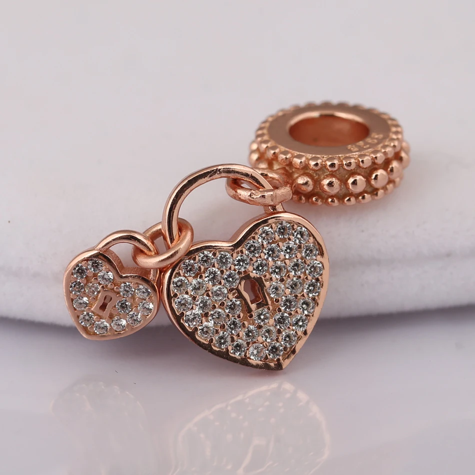 

S925 Silver Pendant DIY Jewelry Love Locks Dangle Charm fit Lady Bracelet Bangle Girl Gift Rose & Clear CZ