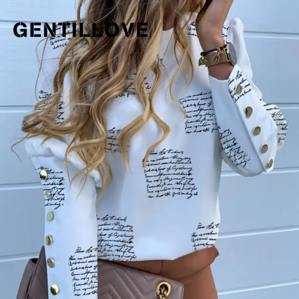 

Gentillove Office Lady Metal Buttons Long Sleeve Blouse Casual Plus Size Shirts Pineapple Print Loose Blouse Harajuku Tops