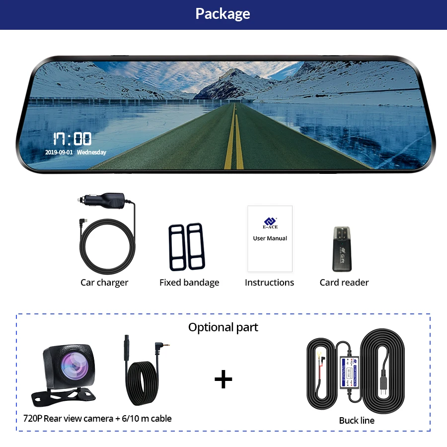 

E-ACE Car Dvr 10 Inch Touch Screen Video Recorder Auto Registrar Stream Mirror Support RearView Camera night vision dash cam