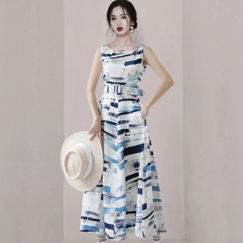 

Women Summer Print Chiffon Dress 2021 Korean Fashion O-Neck Sleeveless High Waist Slim A-Line Long Dress With Belt Vestidos