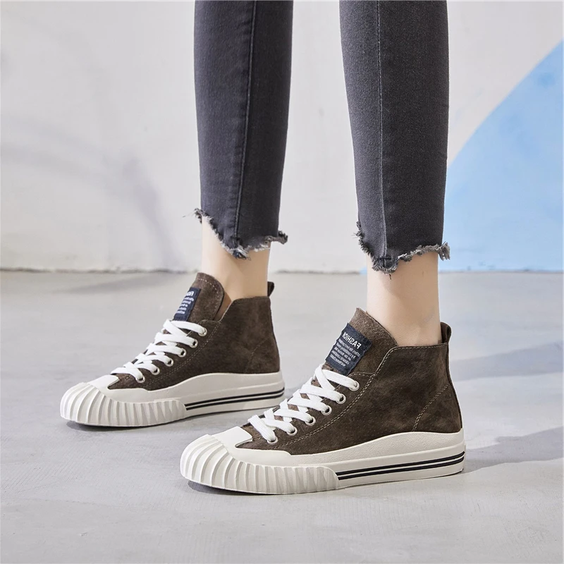 

High Top Sneakers Genuine Leather Flats Shoes Women New Casual Shoes for Girls Flat Sole Lace-up Sport Shoe for Woman Sneaker