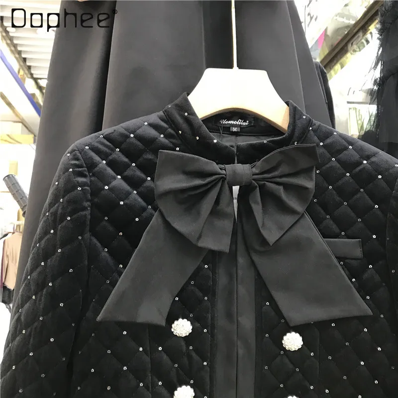 

Женская винтажная бархатная куртка, черная короткая двубортная стеганая куртка с бантом и блестками, в французском стиле, Осень-зима 2021