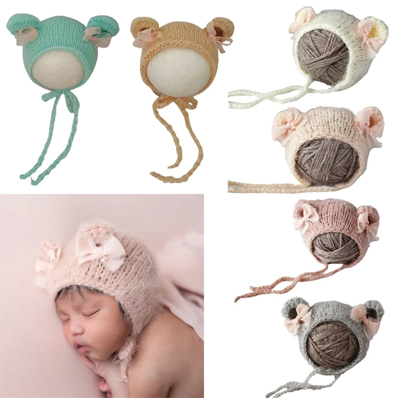 

Cute Crochet Mohair Hat Newborn Photography Props Infants Photo Shooting Accessories Baby Bowknot Knitted Beanies Cap