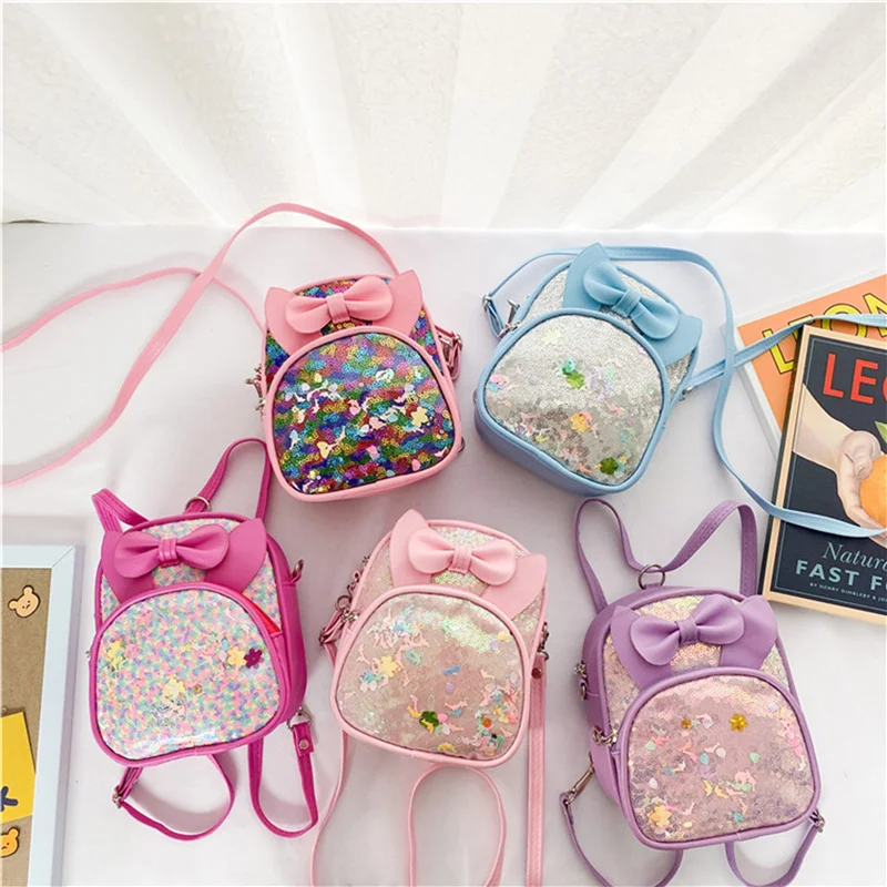 

Little Girls Zipper Backpack Toddler Sweet Style Sequin Bow Decoration Large Capacity Messenger Bag Casual Schoolbag Shouder bag