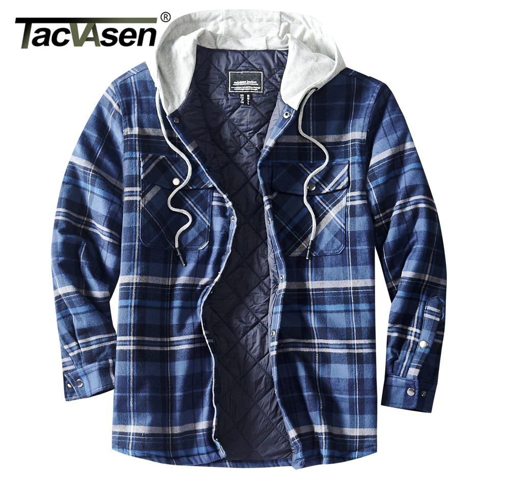 

TACVASEN Thicken Flannel Shirts Jackets Mens Cotton Shirt Hooded Padded Winter Plaid Coats Windbreaker Hooded Male Warm Parkas