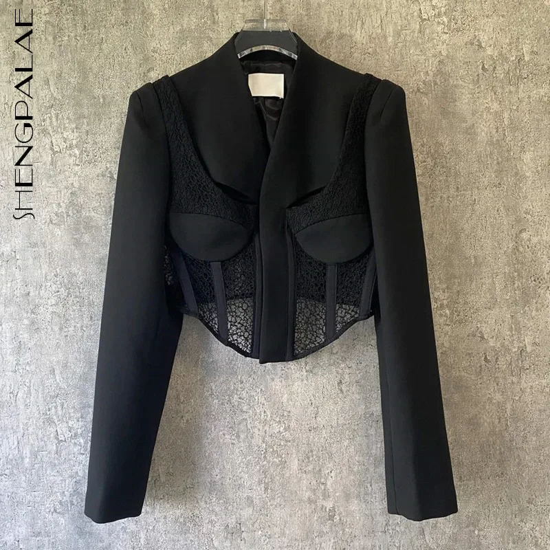 

SHENGPALAE fashion white lace hollow out blazer women's autumn 2021 new V-neck loose single breasted long sleeve suit jacket