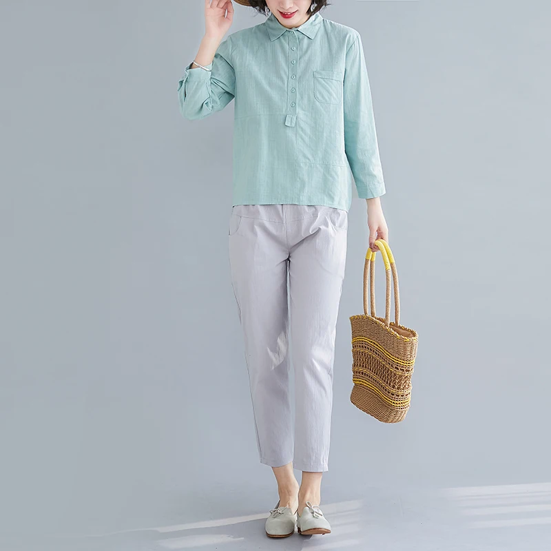 

Shirt Cotton Linen Nine-point Pants Sets Women Autumn 2020 Women's New Plus Size Long-sleeved Casual Linen Two-piece Suit Q199