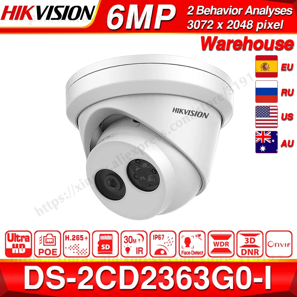 Hikvision, оригинальная 6MP камера, DS-2CD2363G0-I, H.265, для обнаружения лица, сетевая ip-камера, POE, CCTV, камера безопасности, слот для sd-карты