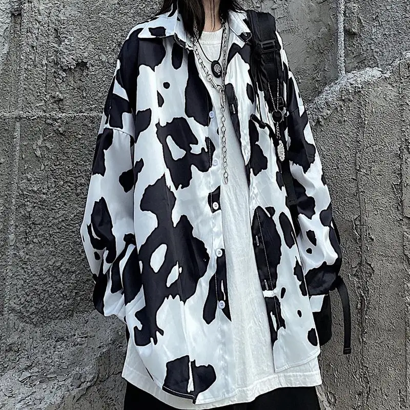 

Retro Printed Men's And Women's Shirts Ins Trend Cow Pattern Shirts Long Sleeves Drop Shoulder Sleeves Casual Loose Jacket