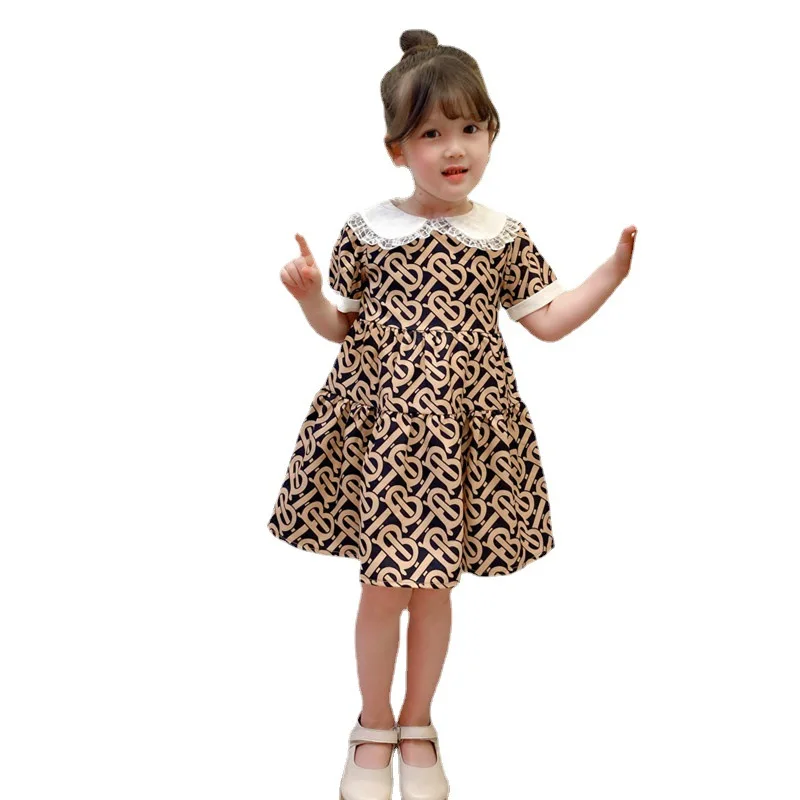 

New 2021 summer fashion girls clothes lapel children short-sleeved print stitching princess dress 2-8 years