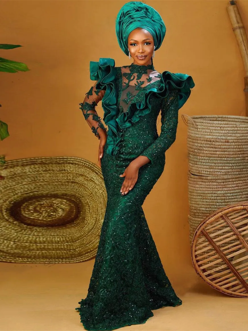 

Green Aso Ebi Style Prom Dresses Long Sleeves African Mermaid Evening Dresses Ruffled Lace Elegant Nigerian Formal Gowns