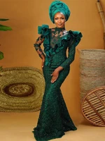 green aso ebi style prom dresses long sleeves african mermaid evening dresses ruffled lace elegant nigerian formal gowns