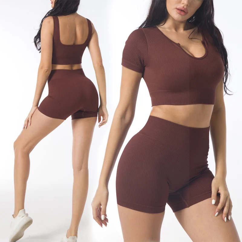 

Seamless Yoga Set U-neck Womens Crop Top Bra Shorts High Waist Running Legging Workout Clothes Fitness Run Gym Suit Sports Sets