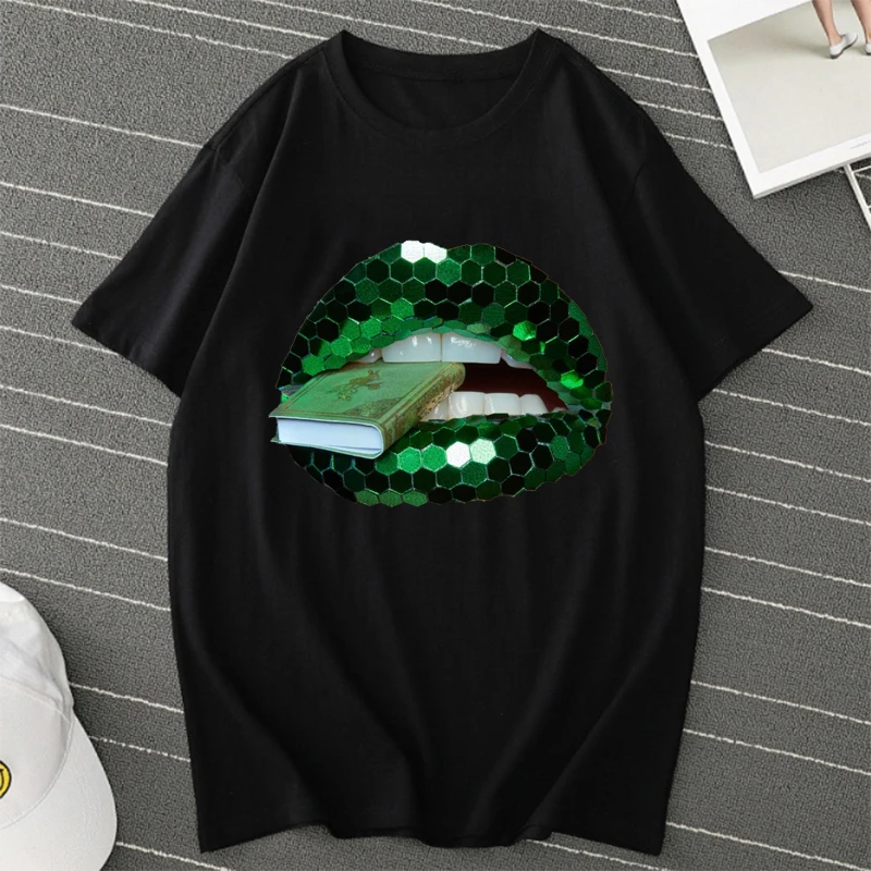 

Oversized T-shirts Women's Poker Lips Print Women T-shirt Short Sleeve Casual Shirt Harajuku Loose T-shirt Female Black Tee Tops