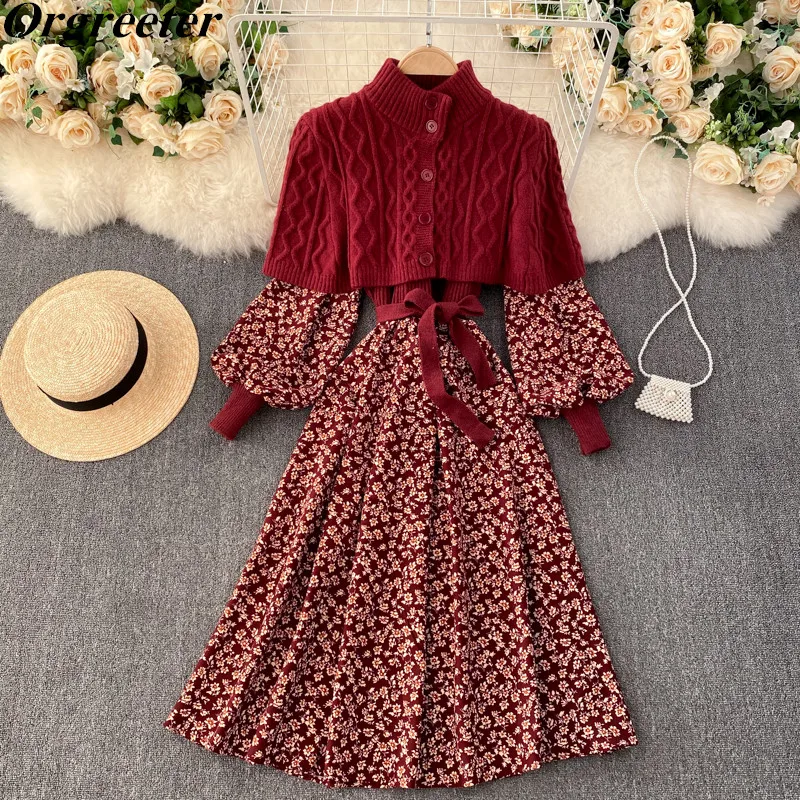 

Retro Floral Printted Patchwork Knitted Long Dress Women 2021 New Lantern Sleeve Sashes Party Dress With Cape Shawl Sweater Sets