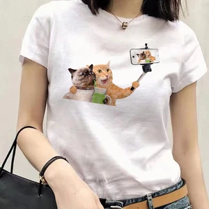Cute Cat Print O-neck Cheap New Fashion Women Short Sleeve O-neck Funny T-shirt Casual Women Tee Cotton Tops Summer clothing