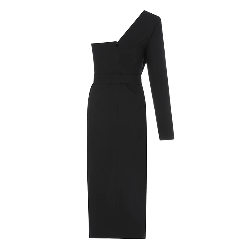 INDRESSME, новинка, пряжка на пояс, передний разрез, Vestidos, модное, на одно плечо, с длинным рукавом, плиссированное, укороченные, женские, вечерние, облегающее платье