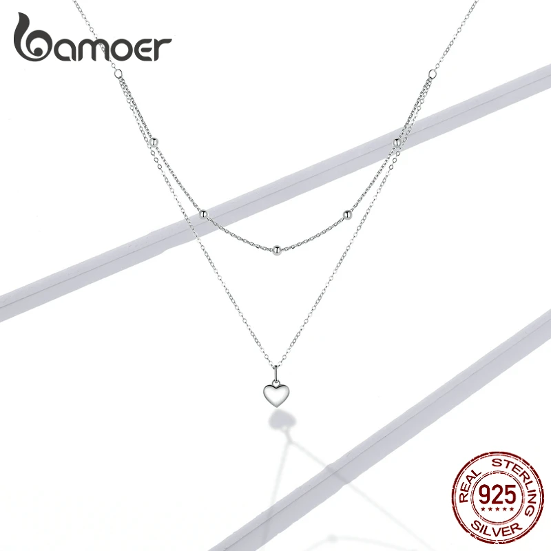 bamoer женское колье из серебра 925 пробы кулон в форме сердца с двойным цепью цепь на