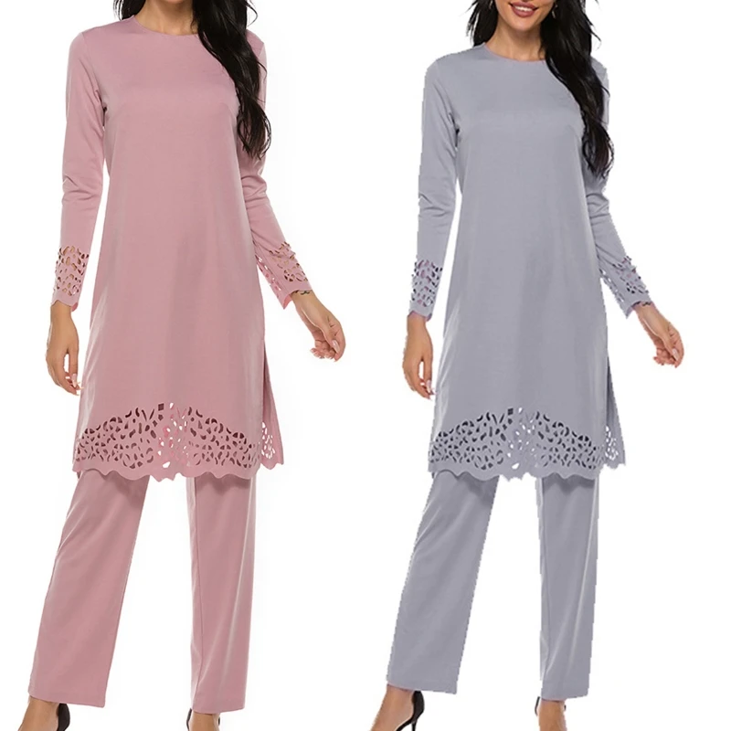 

Women Muslim 2 Pieces Outfit Hollow Out Split Long Sleeve Tunic Tops Pants Set Solid Color Abaya Dress Hijab Robe Kaftan