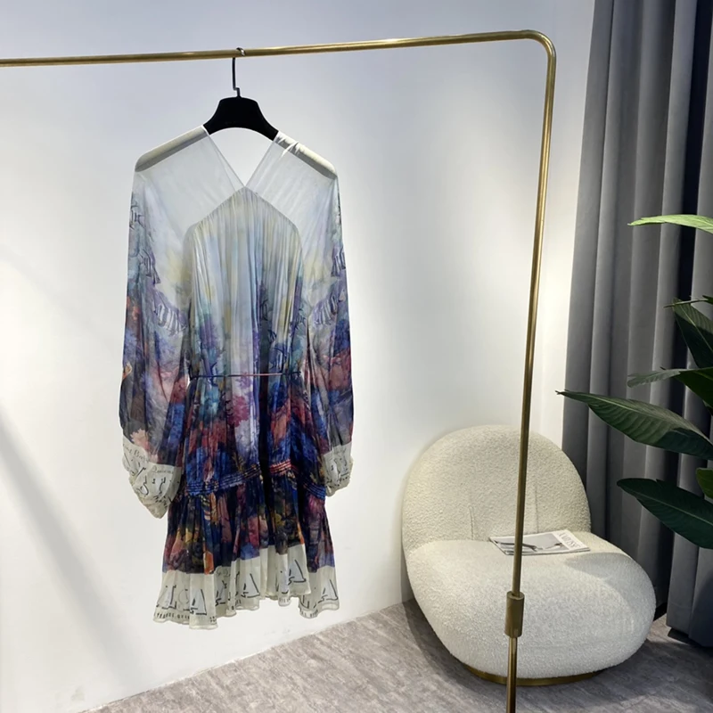 Женское свободное платье с рукавом реглан элегантное винтажное принтом