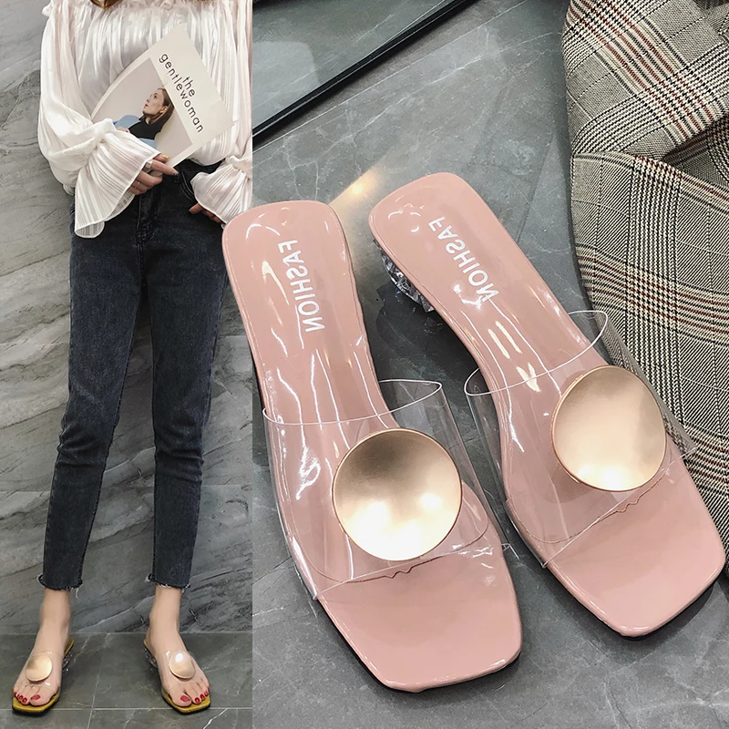 Women's Transparent Crystal Sequined Low Heel Slippers Sexy 2023 Spring Summer Female Fashion Sandals Slides Zapatos De Mujer