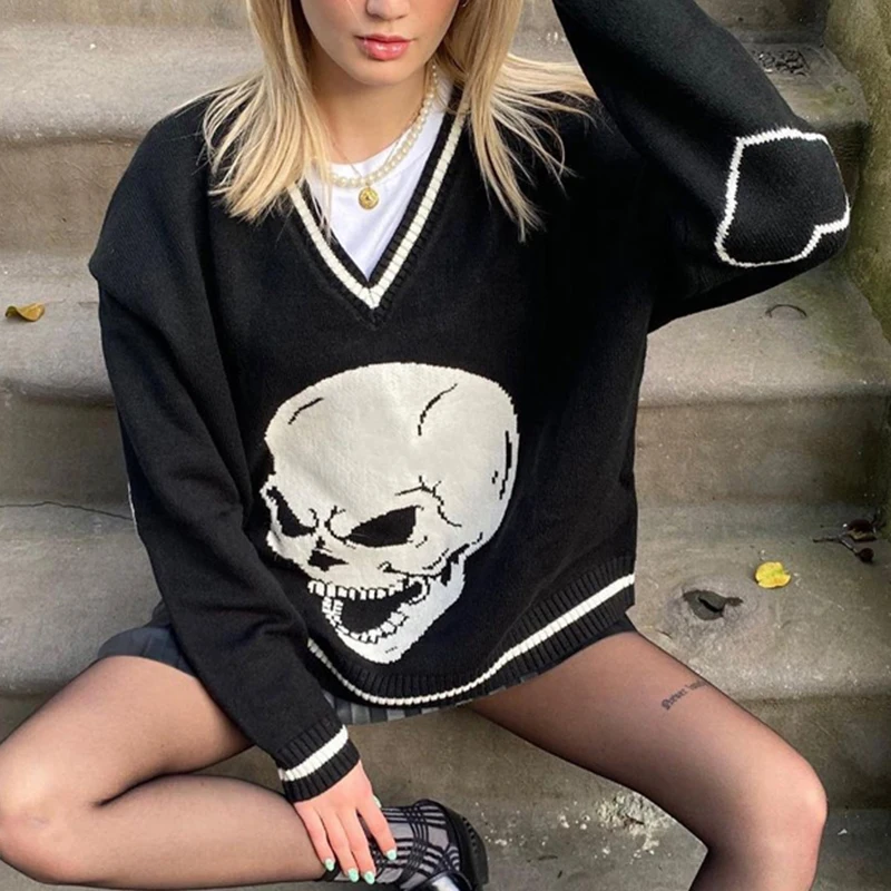 Harajuku Skull Print Loose Autumn Winter Sweater Tops Women Casual Knitwear Jumpers Y2k Kawaii Sweaters Grunge Pullovers Clothes