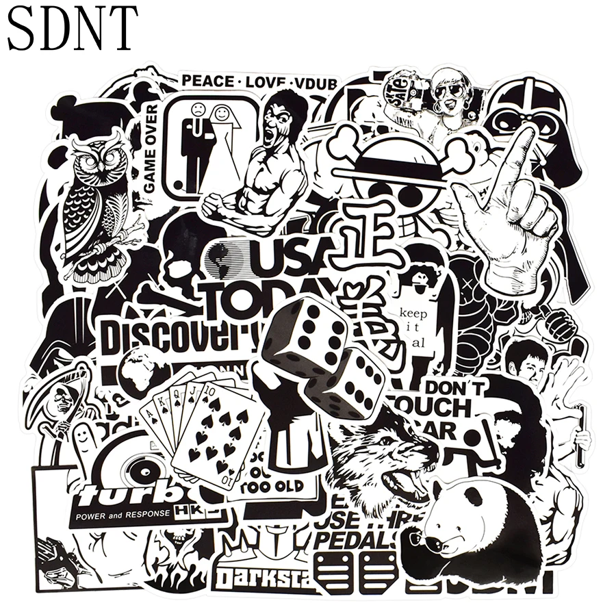 

50 PCS Black and White Random Stickers Cartoon Graffiti JDM Funny Decal Stickers for Laptop Bike Skateboard Suitcase Car Vinyl