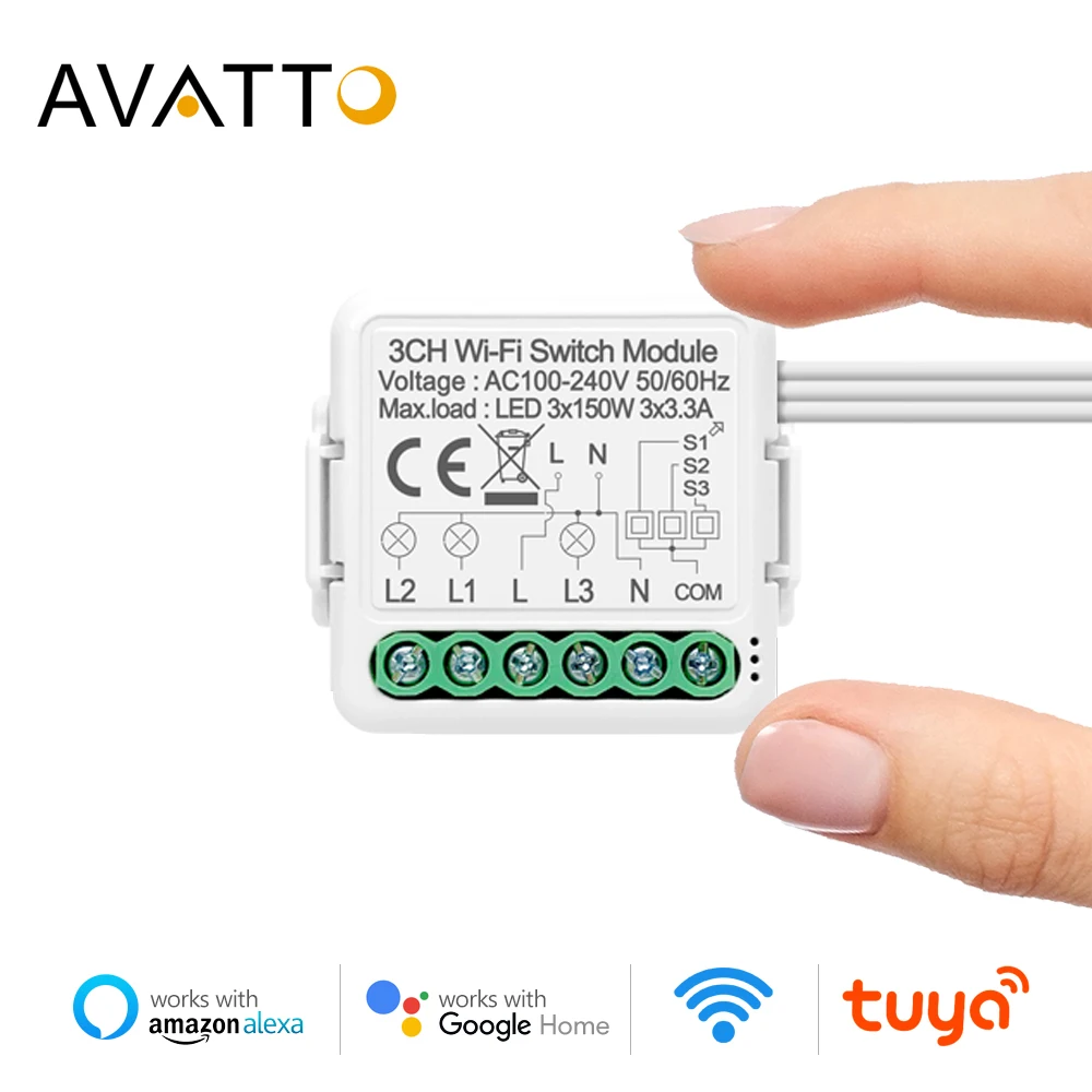 Умный мини выключатель AVATTO с Wi Fi 1/2/3/4 кнопочный 2 полосный модуль автоматизации