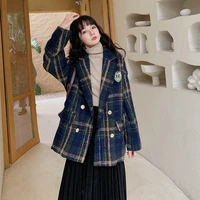 winter plaid double breasted british style short cotton suit collar fashion temperament korean version of the blue commuter jack