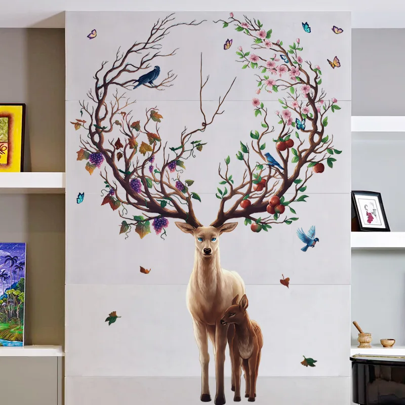 

2PCS Creative Deer Wall Stickers Colorful Horn Birds Tree Branch House Room Wall Decor Vinyl Decals Murals Aesthetic
