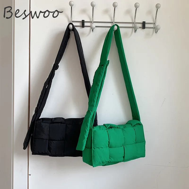 

New Weave Women Shoulder Bag for Winter 2021 Nylon Cotton Soft Down Crossbody Female Bag Space Padded Designer Purse and Handbag