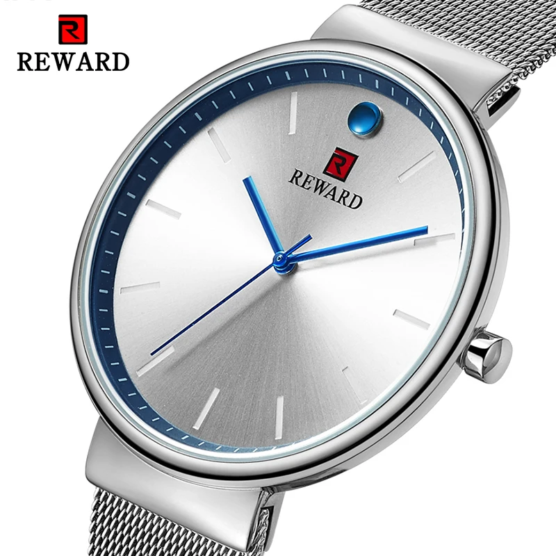 Награда Серебро Кварц Часы Роскошные синие руки Тонкий чехол Водонепроницаемый