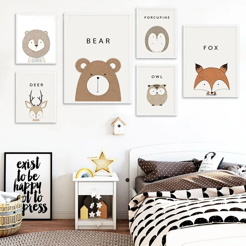 

Minimalist Nordic Deer Lion Bear Canvas Painting Cartoon Animal Wall Art Poster Wall Picture Print Modern Home Kid Room Decor