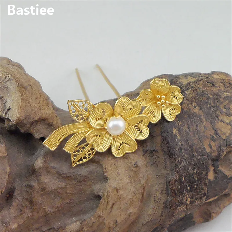

Bastiee Pearl Flower 999 Sterling Silver Hmong Hair Fork For Women Golden Plated Luxury Hair Stick Miao Jewelry
