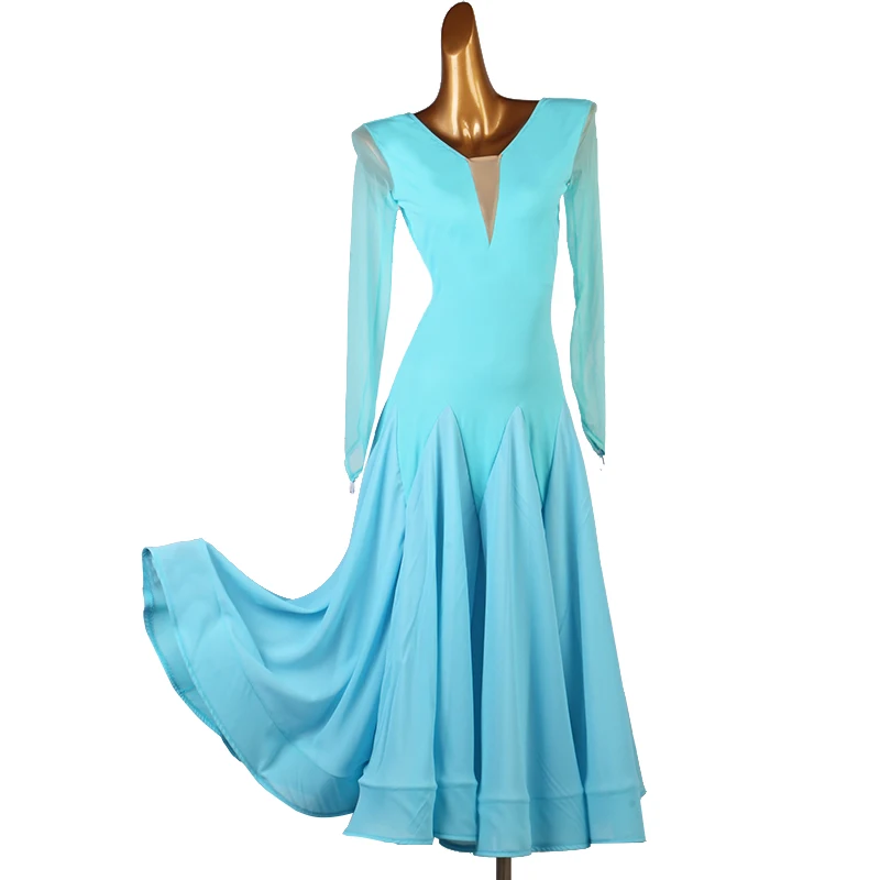 

New Standard Ballroom Dance Dress Women Sexy See-through Sleeves Competition Practice Wear Sky Blue Stage Performence Costume