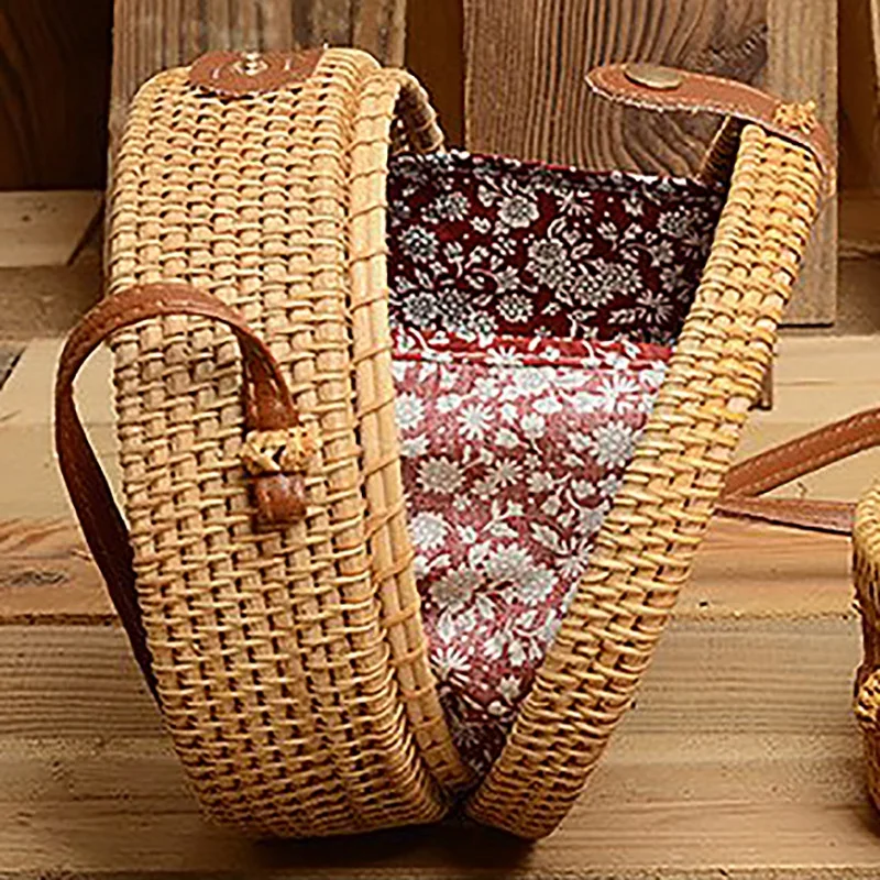 Ручная сумка из ротанга круглая плетеная Сумка через плечо Соломенная Сумочка