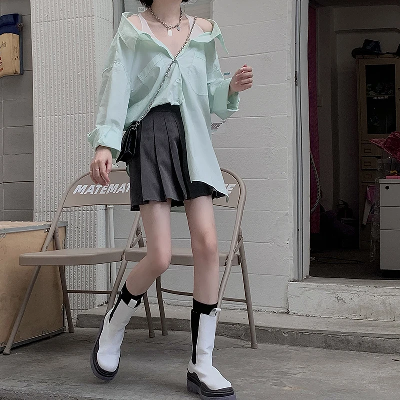 

COIGARSAM Sexy Full Sleeve Shirt Womens tops Casual Loose Patchwork Women shirts Green White 13502