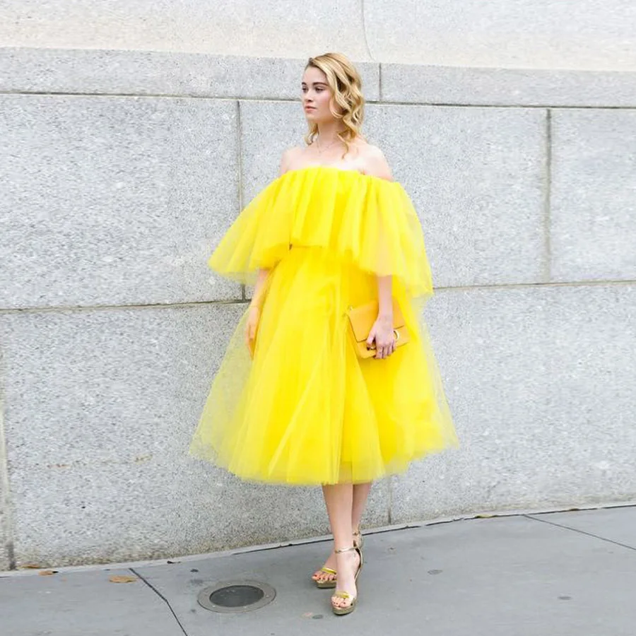 Ярко желтые летние женские платья с открытыми плечами ТРАПЕЦИЕВИДНОЕ фатиновое