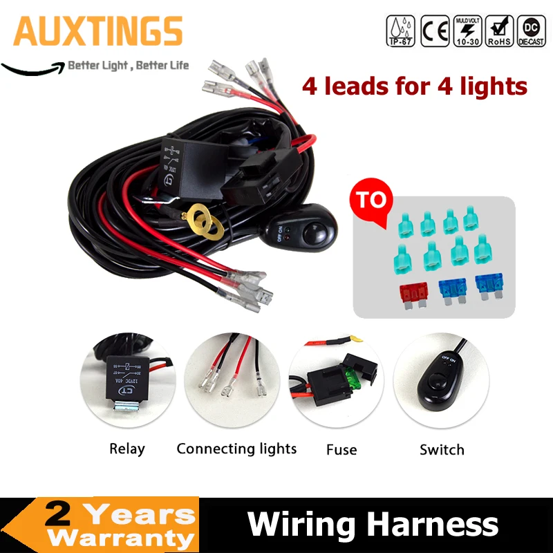 

Led Work Light Bar Wiring Harness Relay Kit Wires Cable ON/OFF Switch 4 Leads 10ft 12V SUV ATV