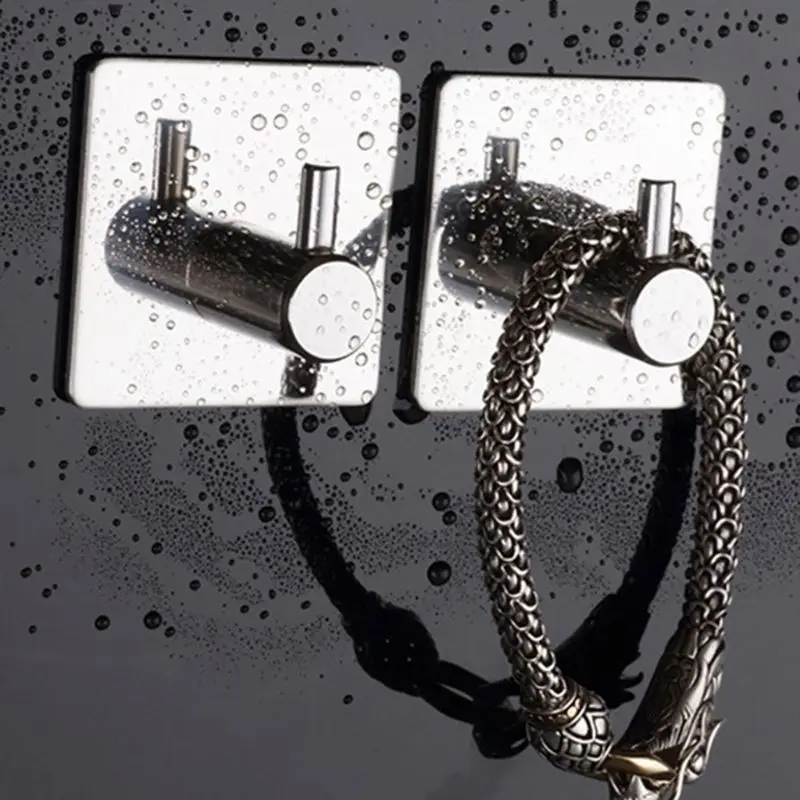 

304 304 Stainless Steel Self Adhesive Bathroom Wall Mounted Door Holder Hook Hanger Square Mirror Polished Finish Strong Sticker