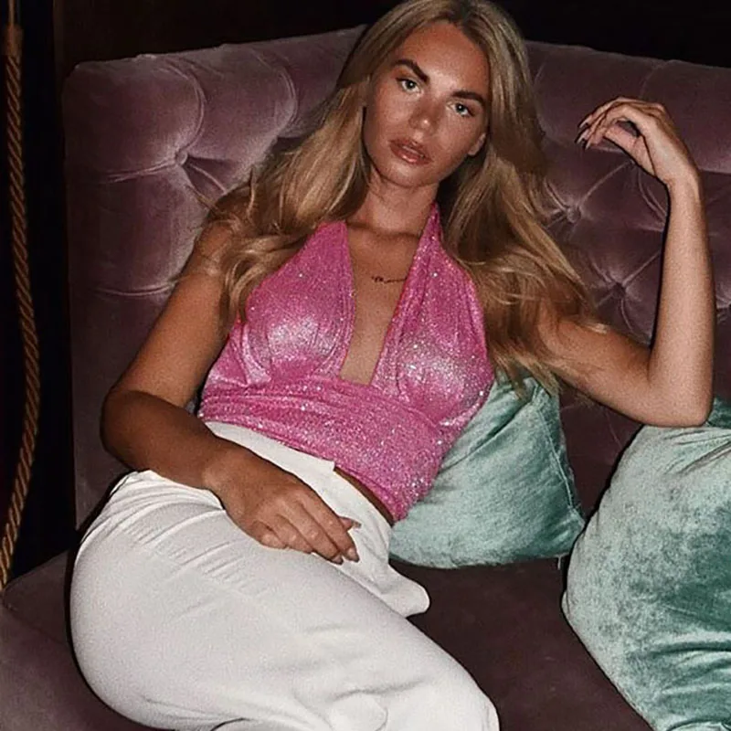 WannaThis розовый Холтер Camis глубокий v-образный вырез сексуальные вечерние укороченные с открытыми плечами без бретелек спинки твердые тонкие эластичные женские