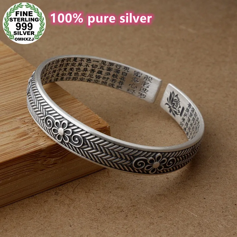 

S999 Sterling Silver Heart Sutra Ladies Retro Bracelet Thai Silver Made Old Lotus Woven Pattern Sutra Open Bracelet Jewelry Gift