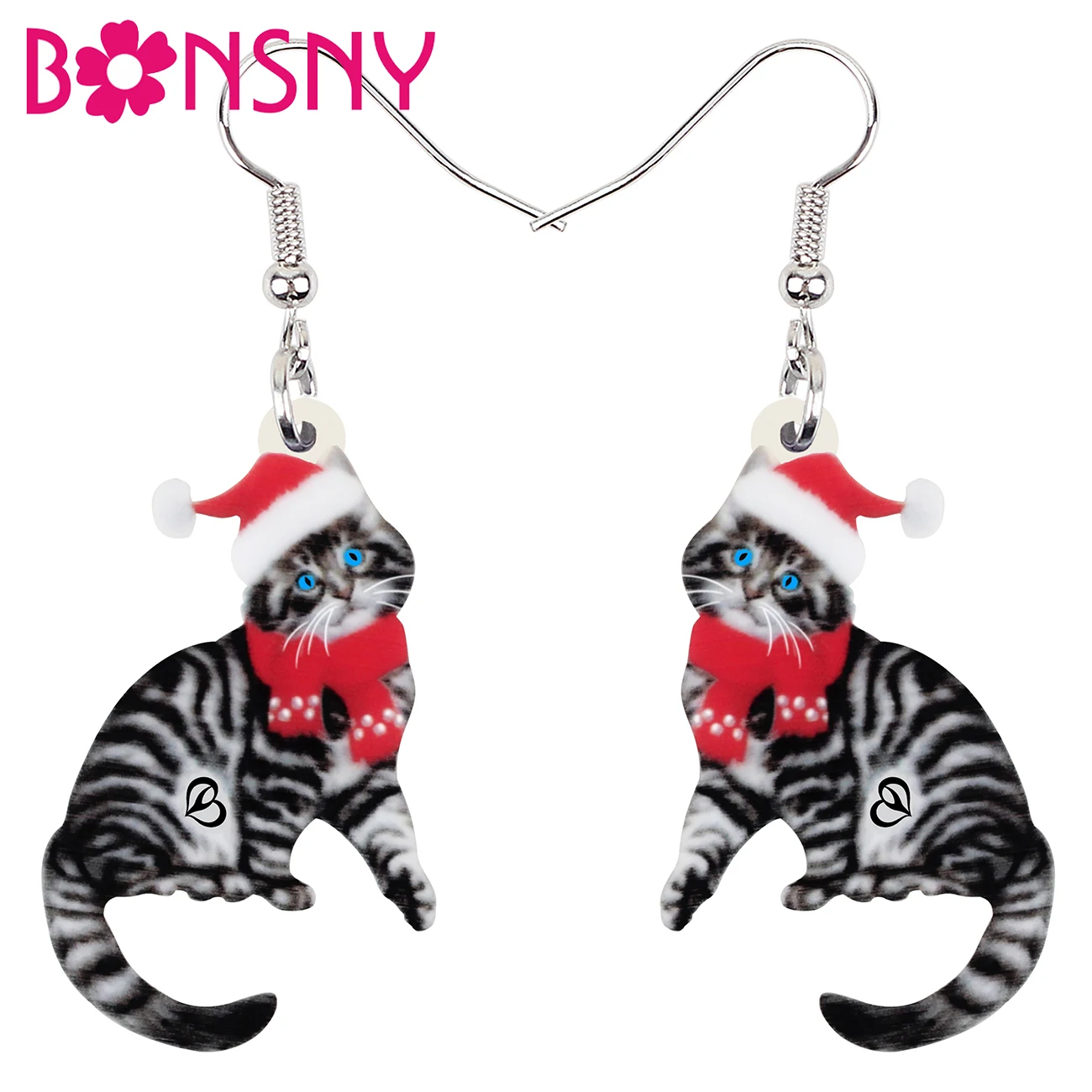 

BONSNY Acrylic Christmas Red Hat Sweet Cat Kitten Earrings Fashion Long Drop Dangle Charms Gifts Jewelry For Women Girls Teens