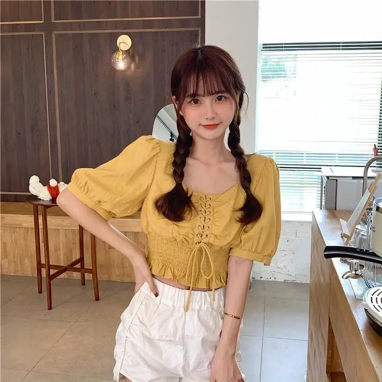 

Lace Up Vintage White Shirt Cotton Linen Sexy Top Women Blouse Summer Short Sleeve Cropped Ruffle Tops Tunics 2021 Fashion