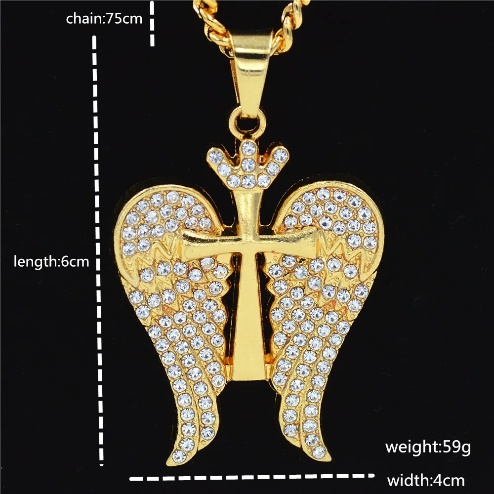 

2021 Cross Border Popular Gold Long Jesus Cross Angel Wings Hip Hop Hip Hop Singer Rap Necklace Jewelry Crystal Pendant Pendants