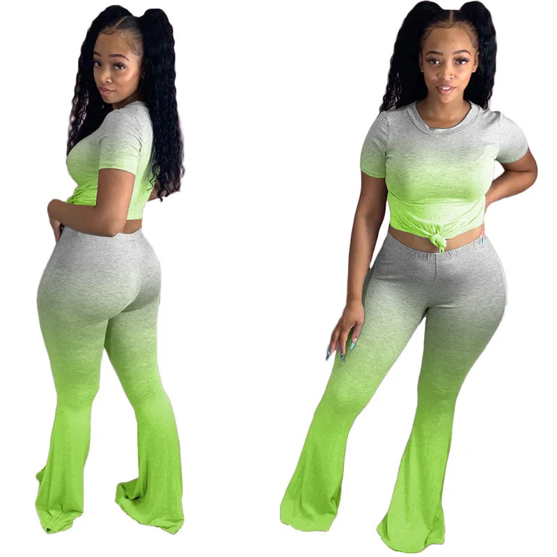 

Adogirl Women Changing Color Two Piece Set Short Sleeve Crop Top T Shirt Bell Bottom Flare Pants Suit Trendy Women Outfits